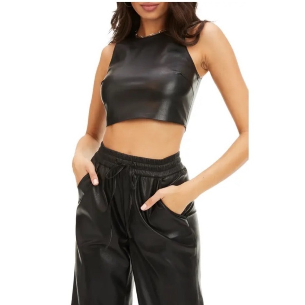 Good American Black Faux Leather Sleeveless Crop Tank Top Large 2 High Neck Soft